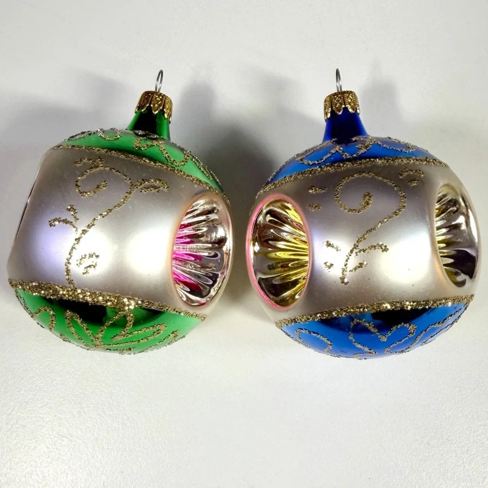 VTG Columbia Mercury Glass Triple Reflector Christmas Ornaments Set of 2 MCM
